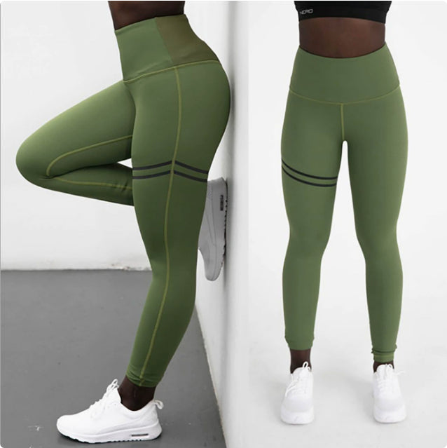 High waist solid color cross-border striped stretch yoga pants fitness bottoming nine points trousers