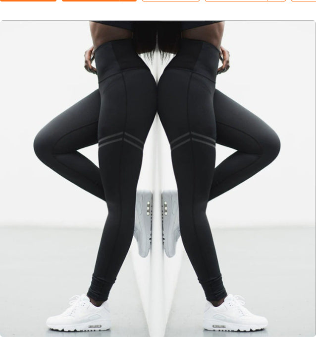 High waist solid color cross-border striped stretch yoga pants fitness bottoming nine points trousers